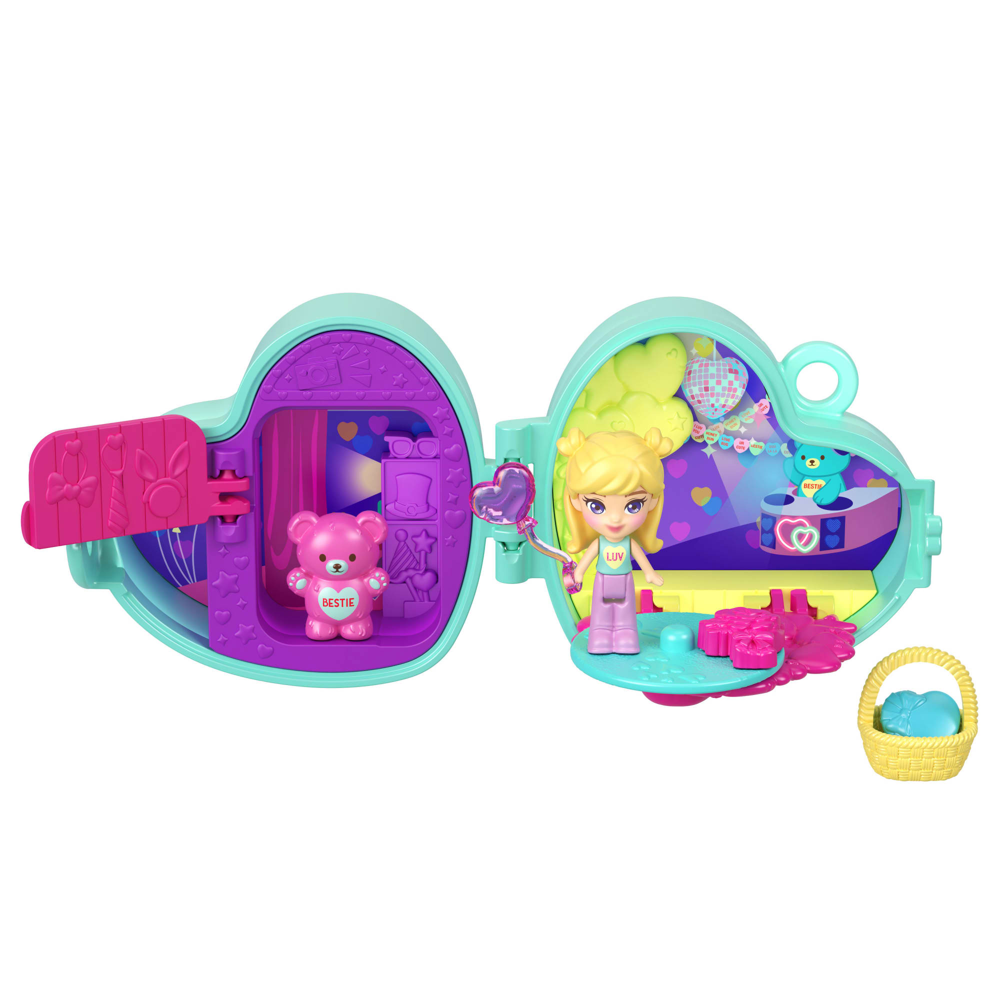fisher price Polly Pocket X Sweethearts Doll & 2 Playsets With 7 Accessories, Compact Travel Toy With Keychain Clip