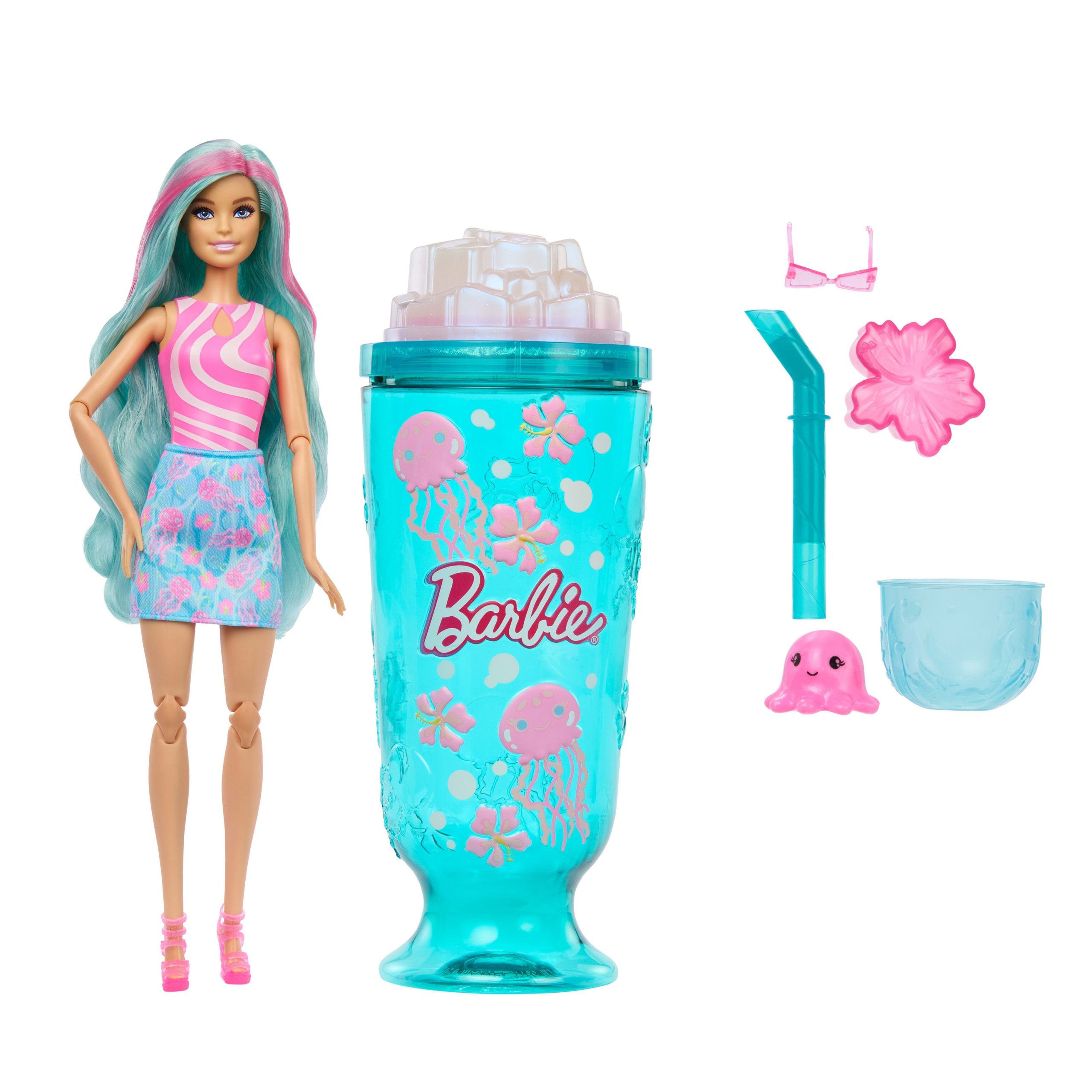 fisher price Barbie Pop Reveal Doll & Accessories, Sea Slushy Series Fashion Doll, Pet, Slime & Color Change