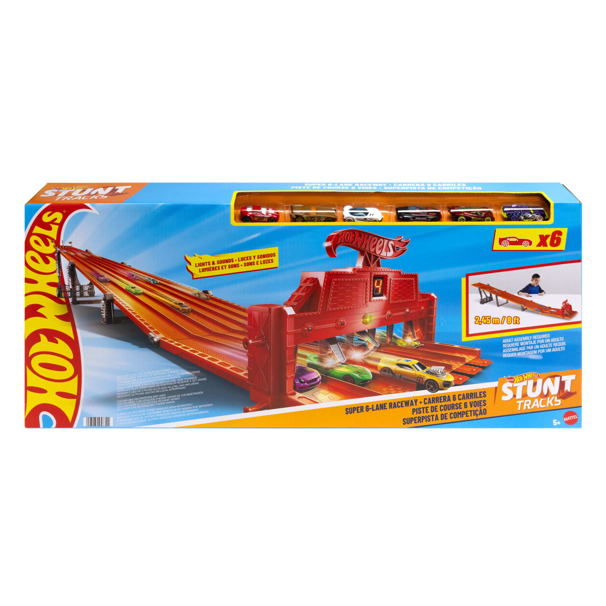 fisher price Hot Wheels Super 6-Lane Raceway, 8-Ft Track With 6 Toy Cars in 1:64 Scale