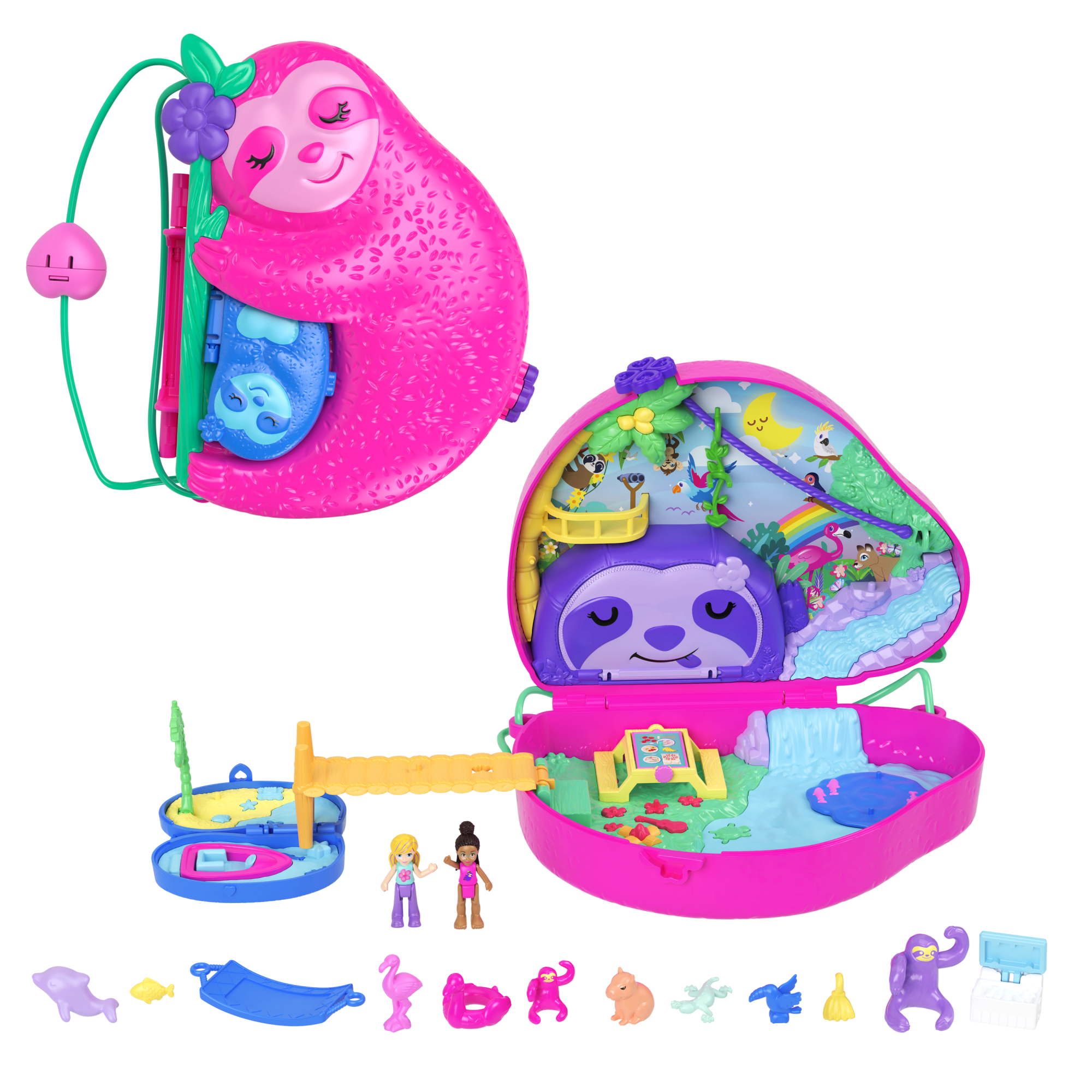 fisher price Pollypocket-La Famille des Paresseux-Coffret 2en1, Jouet de Voyage