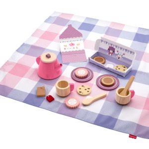 fisher price Fisher-Price Wooden Picnic Tea Set For Kids With Blanket, Wood Cups & Saucers, 18 Pieces