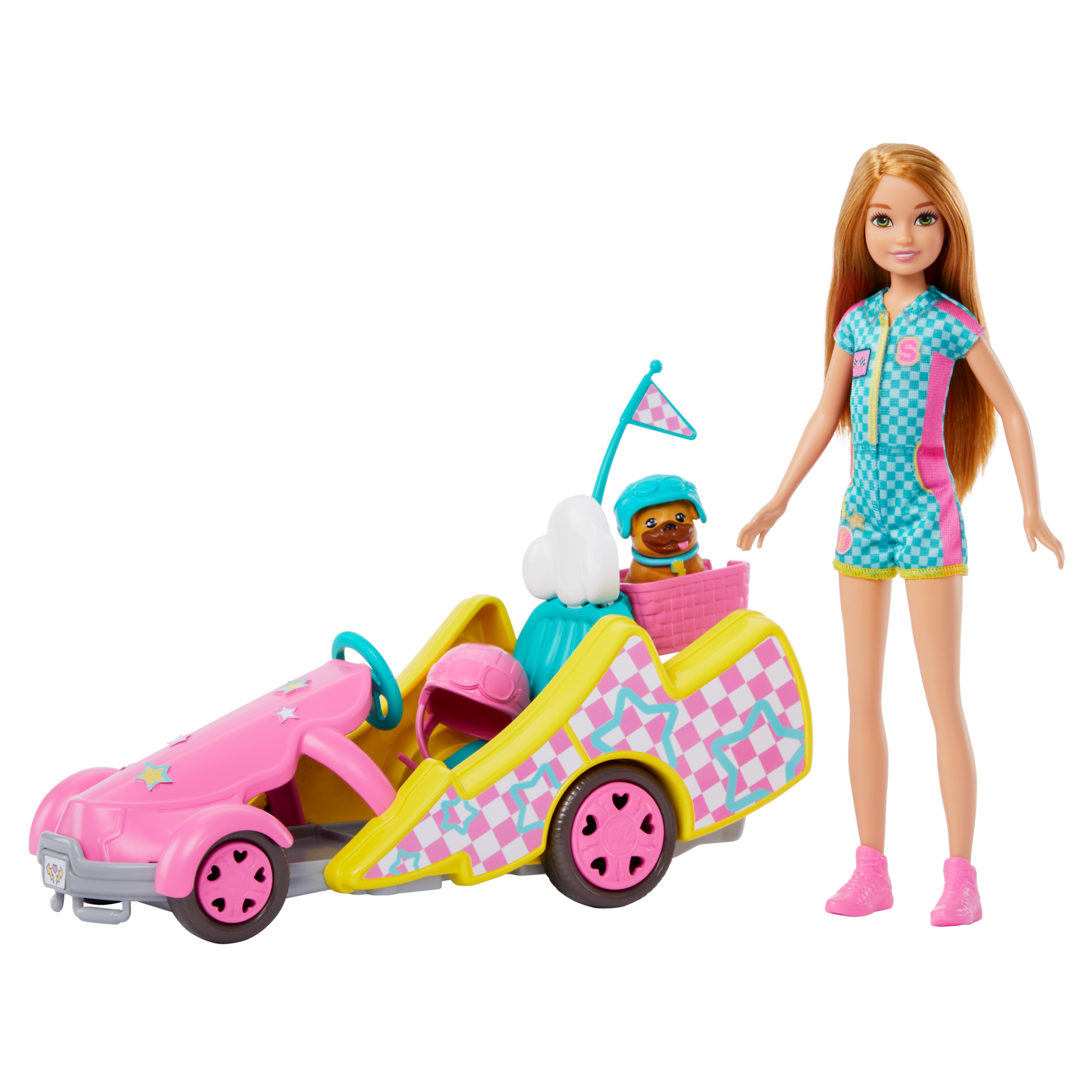 fisher price Barbie-Poup??e Stacie Karting, Avec Kart, Chien et Accessoires