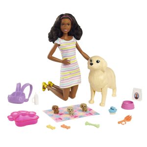 fisher price Barbie Doll Newborn Pups Playset With Brunette Doll, Mommy Dog, 3 Puppies, Kids Toys