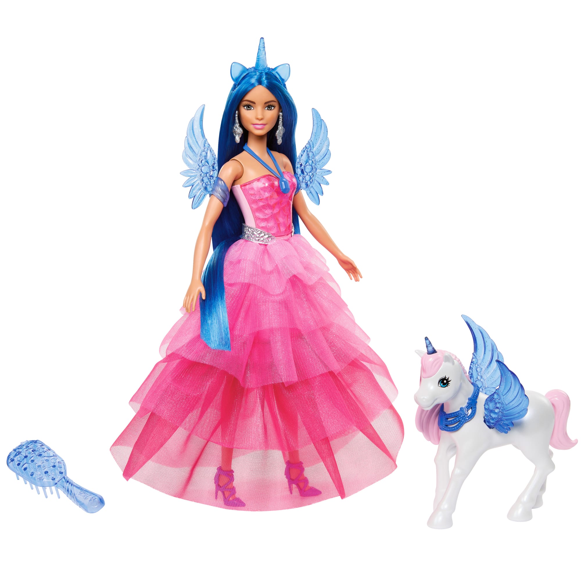 fisher price Barbie Unicorn Toy, 65th Anniversary Doll With Blue Hair, Pink Gown & Pet Alicorn
